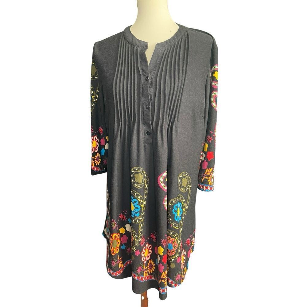 Reborn Women’s Floral Boho Print Pintuck Tunic Dress Black 3/4 Sleeve Size XL